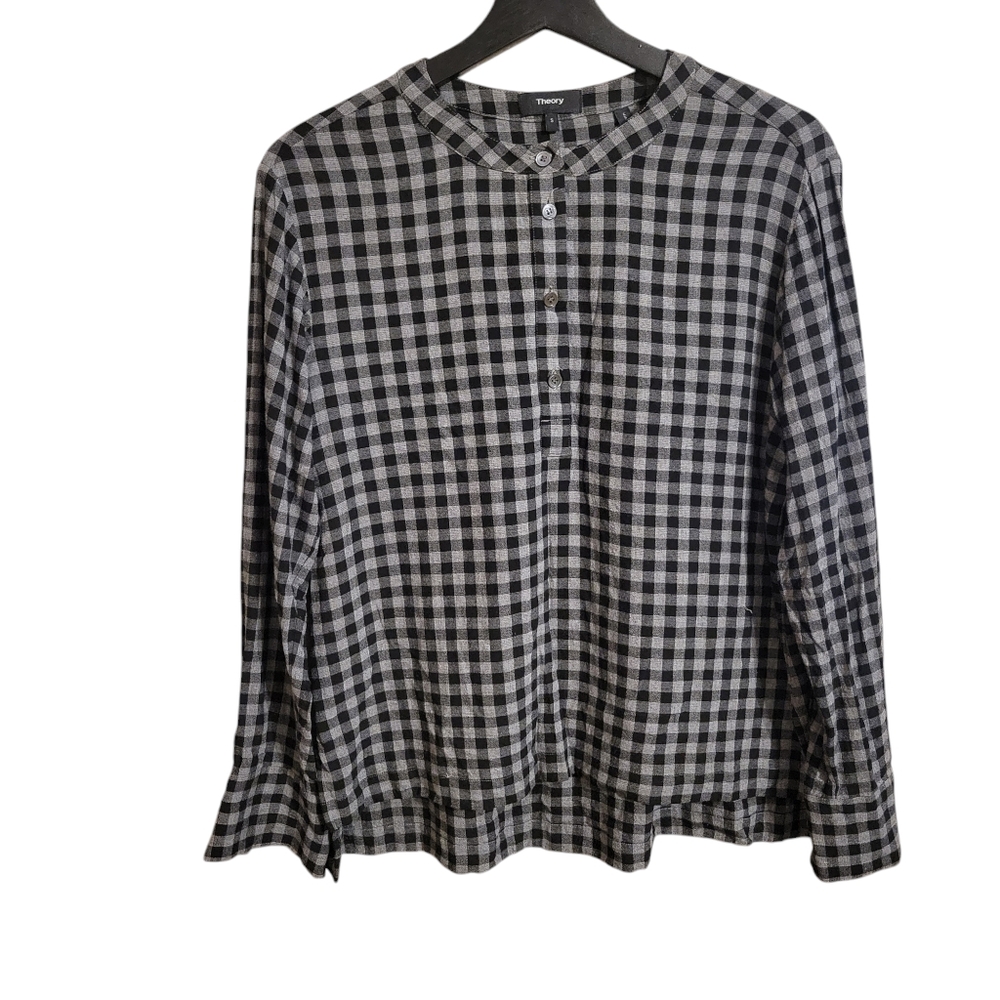 Theory Black Gingham Popover Long Sleeve Top